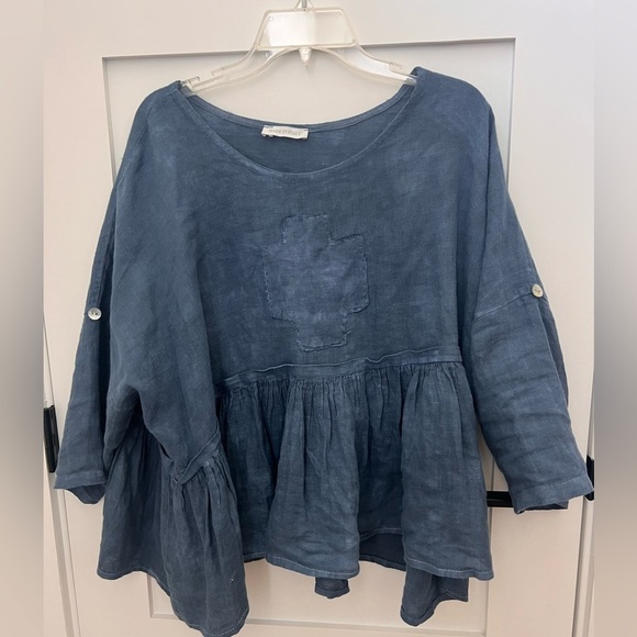 M Made In Italy Tops - Made in Italy Blue Linen Top with Patch Detail